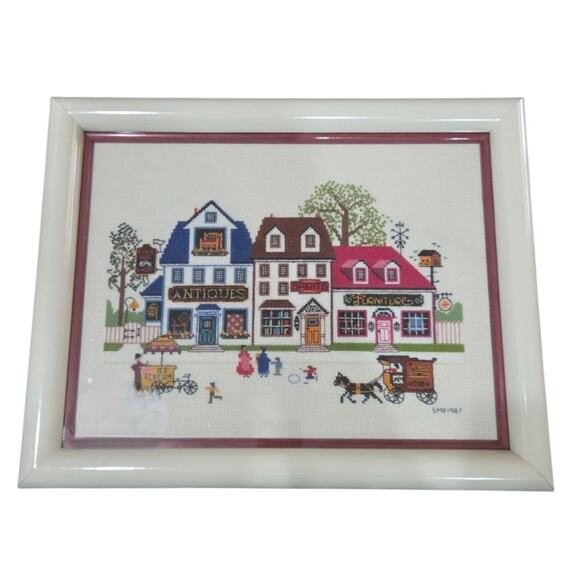 Vintage Charles Wysocki Cross Stitch Needlepoint Complete Framed Artwork Hanging - Picture 1 of 5